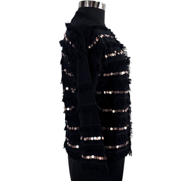 EDINBURGH KNITWEAR 100% WOOL FRINGE IRIDESCENT SEQUIN STRIPE CARDIGAN SWEATER - Picture 5 of 13